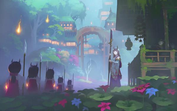 Anime-style HD desktop wallpaper featuring a mystical forest setting with a towering, greenery-covered building and a character overlooking lantern-lit paths.