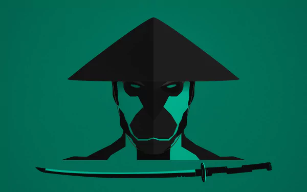 4K Ultra HD fantasy samurai wallpaper featuring a minimalist, dark figure wearing a conical hat with a katana sword beneath, set against a solid green background.