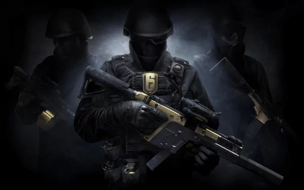 HD desktop wallpaper featuring three armed operatives from the video game Tom Clancy's Rainbow Six: Siege, depicted in a dark, dramatic setting with tactical gear and weapons.