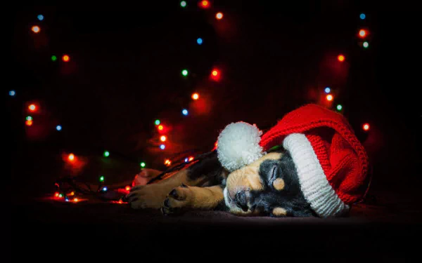 A cute sleeping puppy wearing a Santa hat surrounded by colorful Christmas lights in a cozy holiday scene, captured as an HD PC desktop wallpaper background.