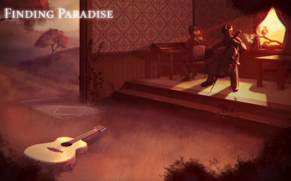 HD wallpaper from the game Finding Paradise featuring characters by a lamp-lit window, guitar on the floor, and a serene backdrop.