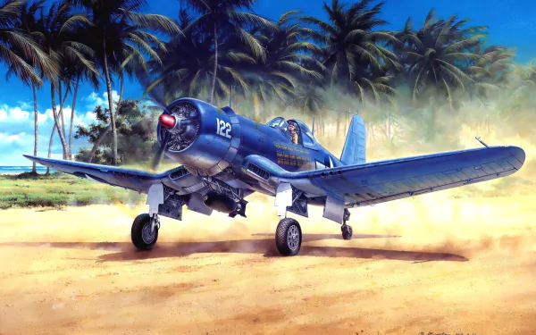 HD desktop wallpaper of a Vought F4U Corsair warplane taxiing on a tropical airstrip with palm trees and blue sky in the background.