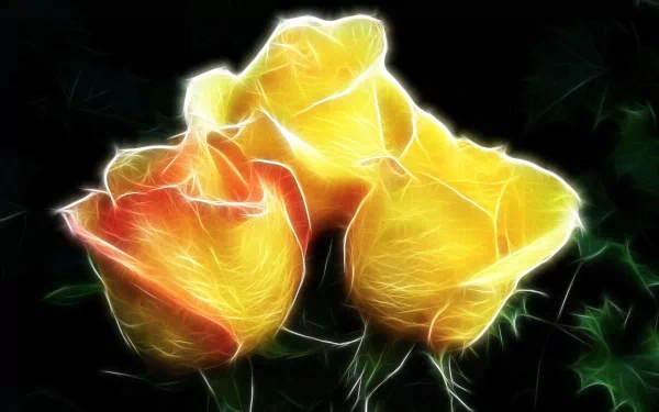 HD desktop wallpaper featuring an artistic fractal image of vibrant yellow and orange flowers against a dark background.