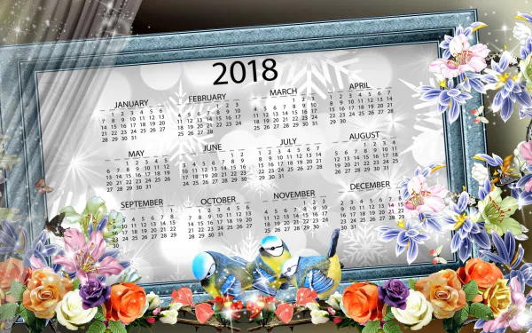 HD desktop wallpaper featuring a 2018 calendar framed with snowflakes, sparkles, colorful flowers, and two birds in a bright, decorative design.