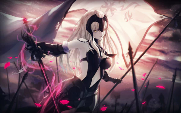 HD desktop wallpaper featuring Jeanne d'Arc from Fate Series and Fate/Grand Order. The anime-style art showcases her in a dynamic, battle-ready pose with a dramatic background and vivid colors.
