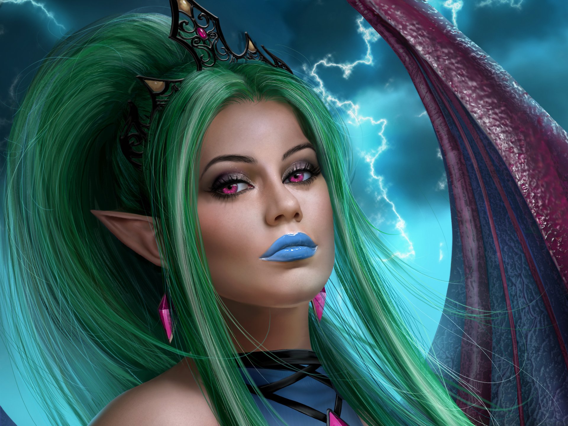 Fantasy-themed HD desktop wallpaper featuring a green-haired angel with purple eyes, blue lipstick, and detailed wings against a stormy, lightning-lit sky background.