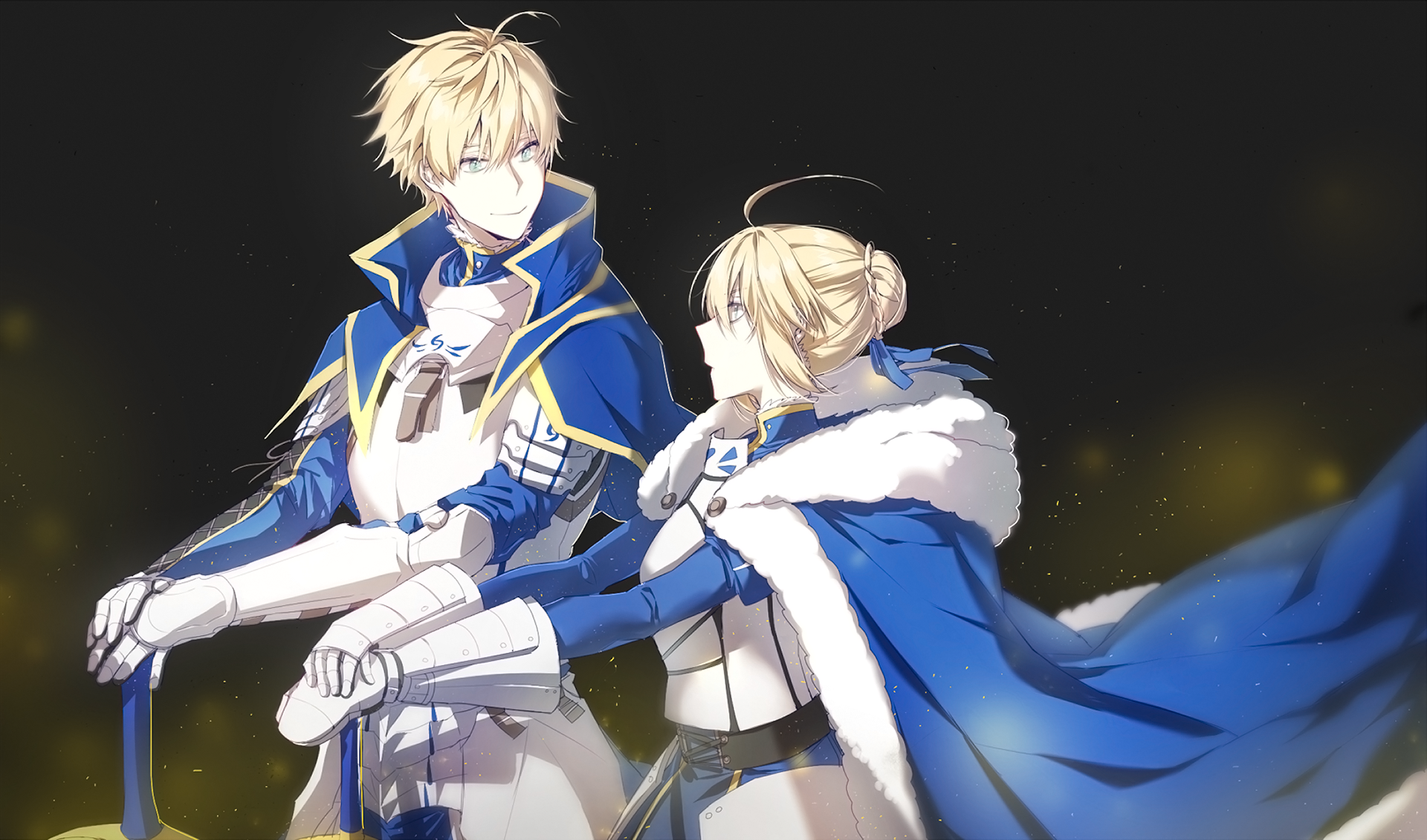 HD desktop wallpaper featuring two characters from the Fate/Grand Order anime series, showcasing Saber in detailed blue and white attire against a dark background with golden highlights.