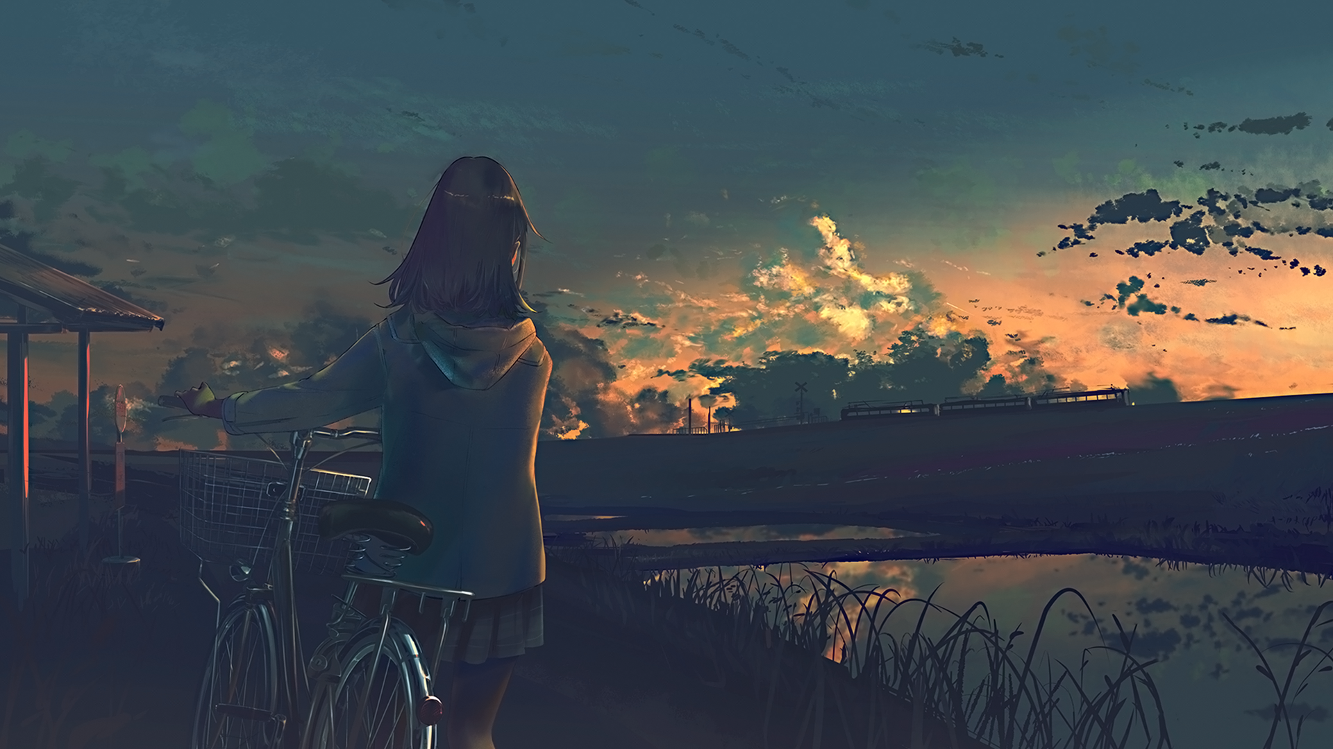Anime-style HD desktop wallpaper featuring an original artwork of a girl holding a bicycle, gazing at a tranquil sunset by a river with clouds and reflections in the background.