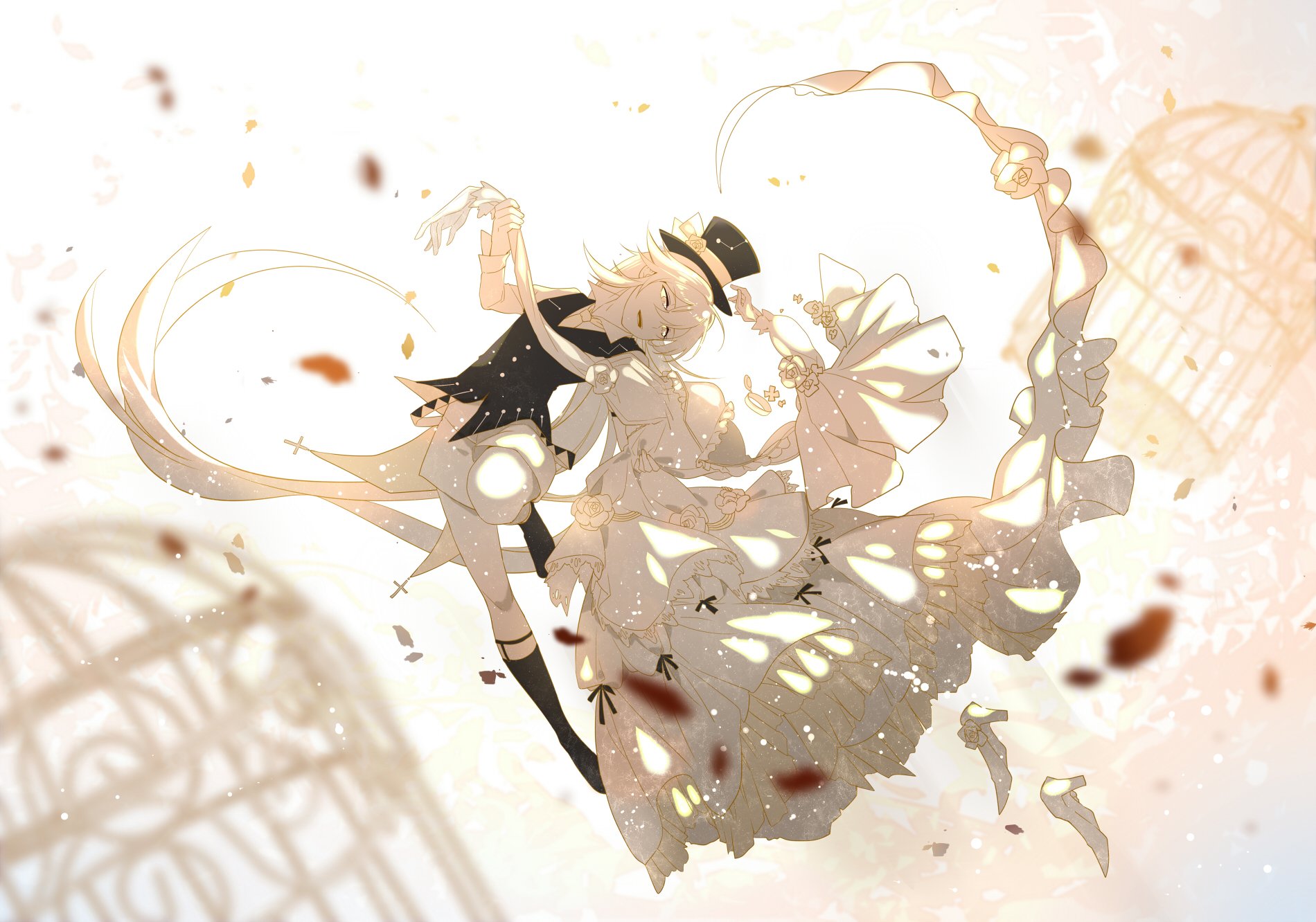Anime-style original HD desktop wallpaper featuring a dynamic, ethereal scene with a character in elegant attire surrounded by flowing elements and cage motifs.