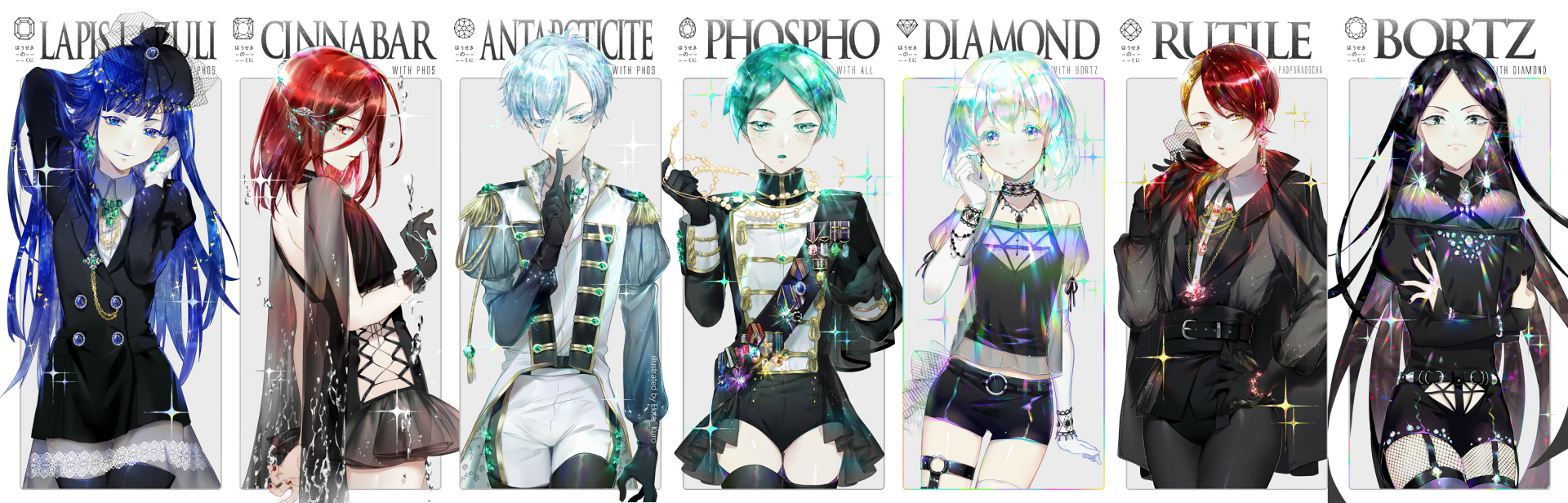 HD desktop wallpaper featuring characters from the anime Land of the Lustrous. The image showcases detailed, vibrant artwork of the characters Bort, Antarcticite, Phos, Diamond, and Rutile.