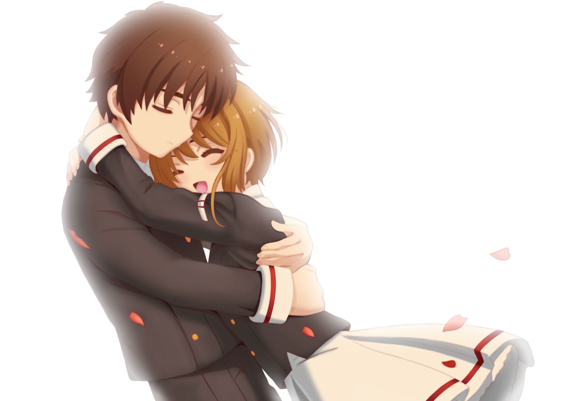 Syaoran Li and Sakura Kinomoto embrace in a tender moment, captured in this HD Cardcaptor Sakura anime wallpaper, surrounded by soft falling petals.