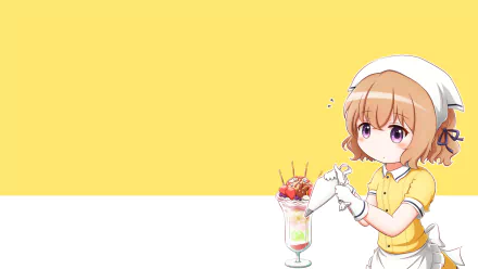 HD wallpaper featuring Mafuyu Hoshikawa from the anime Blend S. Mafuyu is dressed in a yellow outfit and fixing her gloves next to a parfait, set against a bright yellow background.