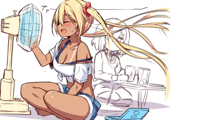 A joyful Kaho Hinata from Blend S, with long blonde hair and a playful blush, sits in shorts beside a fan, enjoying a warm day in this vibrant HD anime wallpaper.