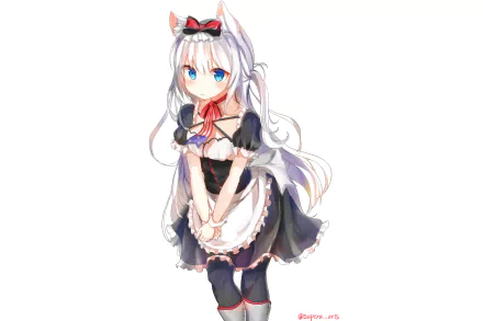 HD PC desktop wallpaper featuring Hammann from Azur Lane in anime style, dressed in a detailed black and white maid outfit with long silver hair and blue eyes.