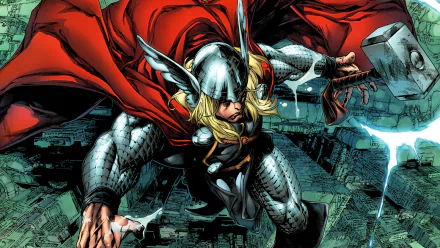 HD comic-style PC desktop wallpaper featuring Thor wielding his hammer with a flowing red cape against a dark, stormy background.