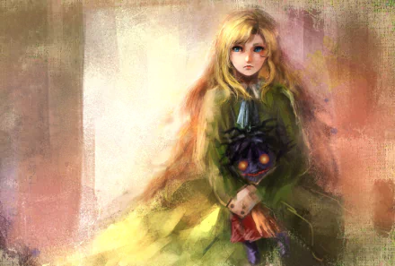 HD desktop wallpaper featuring Mary from the 2012 video game Ib, with blue eyes and blonde hair, holding a scary doll in a haunting painted style.