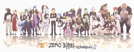 A vibrant 4K Ultra HD wallpaper featuring characters from the anime Re:Zero - Starting Life in Another World, showcasing a diverse ensemble in a colorful arrangement.
