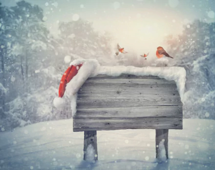 A snowy landscape featuring a wooden mailbox adorned with a Santa hat, with bullfinches playfully interacting, capturing the spirit of the holiday season in 4K Ultra HD.