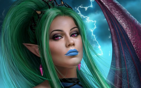 Fantasy Angel Wings Green Hair Lipstick Purple Eyes HD Wallpaper | Background Image