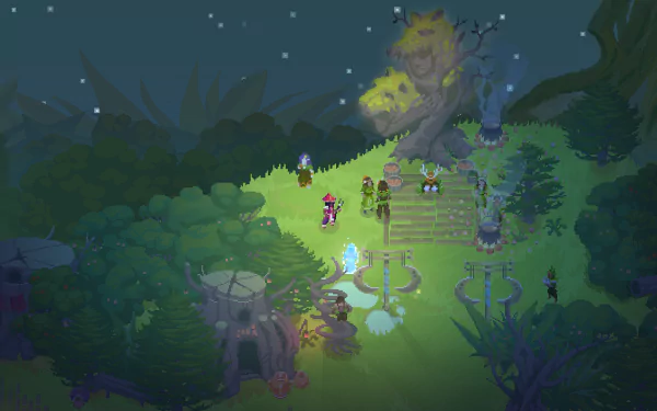 HD desktop wallpaper of Moon Hunters game featuring characters in a mystical forest with a large statue and night sky.