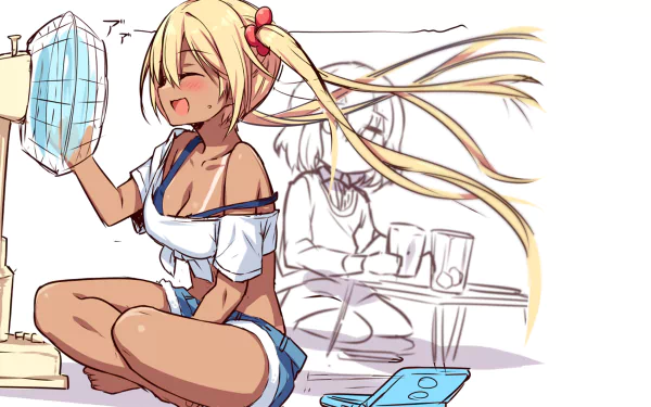 A joyful Kaho Hinata from Blend S, with long blonde hair and a playful blush, sits in shorts beside a fan, enjoying a warm day in this vibrant HD anime wallpaper.