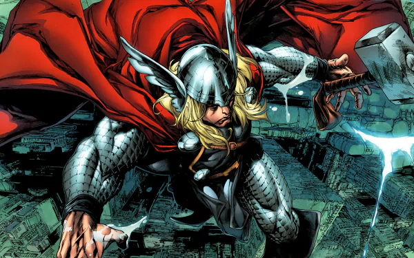HD comic-style PC desktop wallpaper featuring Thor wielding his hammer with a flowing red cape against a dark, stormy background.