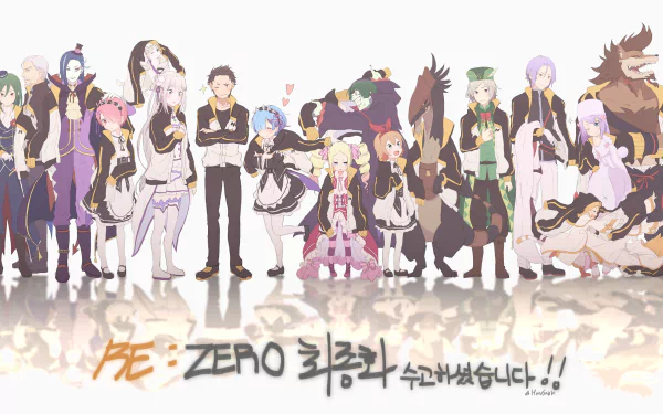 A vibrant 4K Ultra HD wallpaper featuring characters from the anime Re:Zero - Starting Life in Another World, showcasing a diverse ensemble in a colorful arrangement.