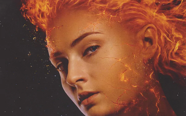 HD PC desktop wallpaper featuring Sophie Turner as Jean Grey engulfed in fiery Phoenix flames from the X-Men: Dark Phoenix movie.