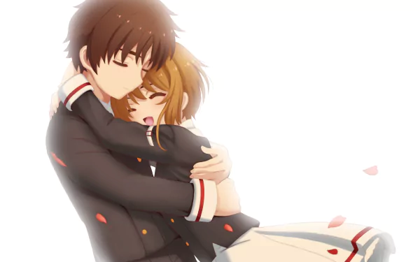 Syaoran Li and Sakura Kinomoto embrace in a tender moment, captured in this HD Cardcaptor Sakura anime wallpaper, surrounded by soft falling petals.