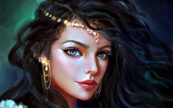 Women Artistic Fantasy Painting Black Hair Face Blue Eyes HD Wallpaper | Background Image