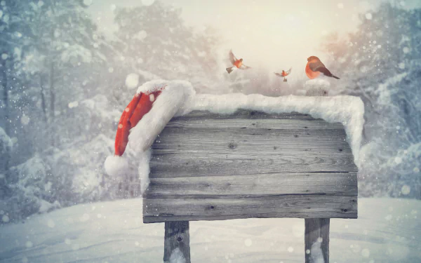 A snowy landscape featuring a wooden mailbox adorned with a Santa hat, with bullfinches playfully interacting, capturing the spirit of the holiday season in 4K Ultra HD.