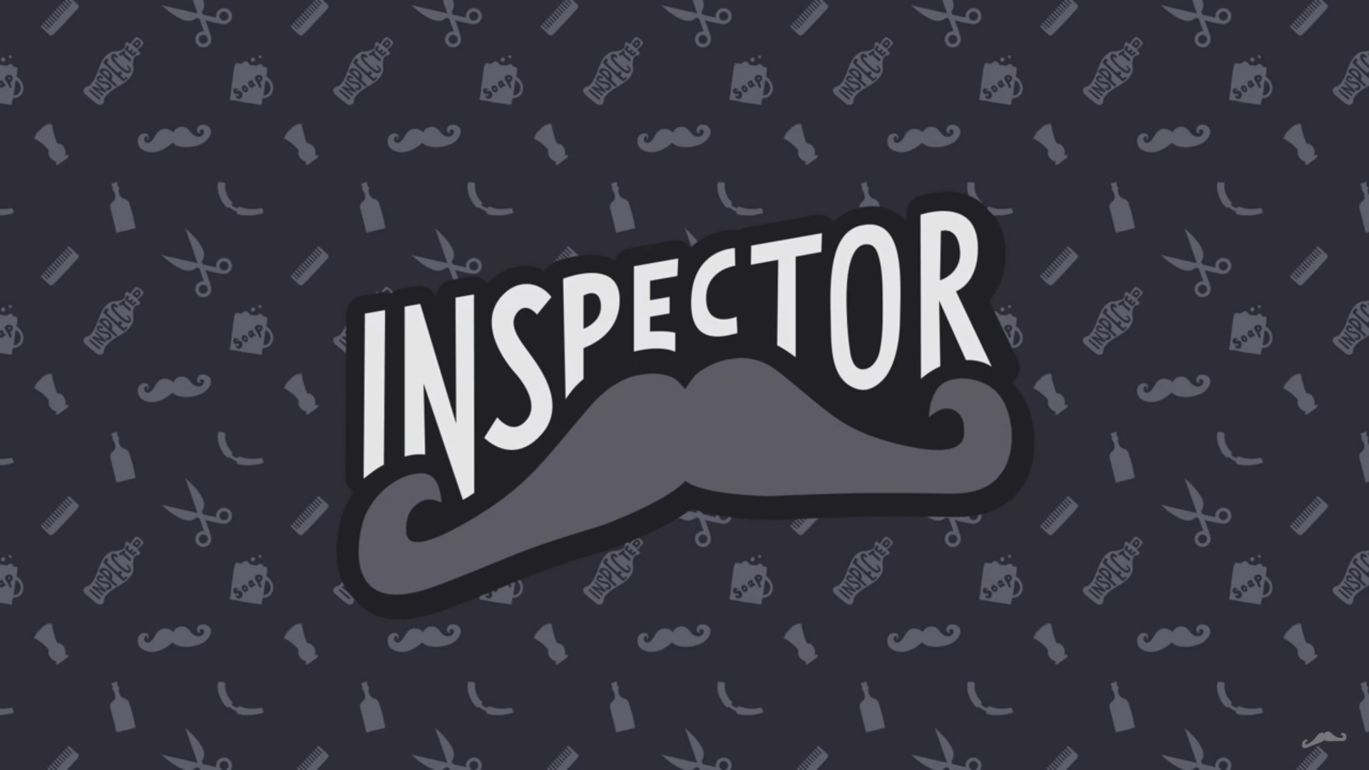 Vintage music-themed HD PC desktop wallpaper: bold INSPECTOR logo atop a stylized mustache with retro barber/music icons; InspectorDubplate YouTube aesthetic.