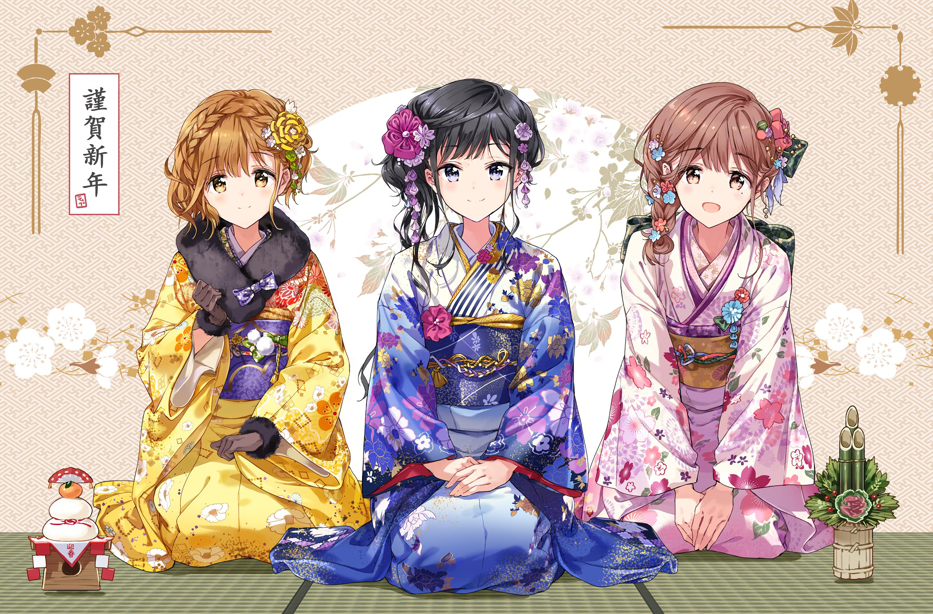 HD anime desktop wallpaper featuring Neko Fujinomiya, Masamune Makabe, and Aki Adagaki from Masamune-kun's Revenge in colorful traditional kimonos.