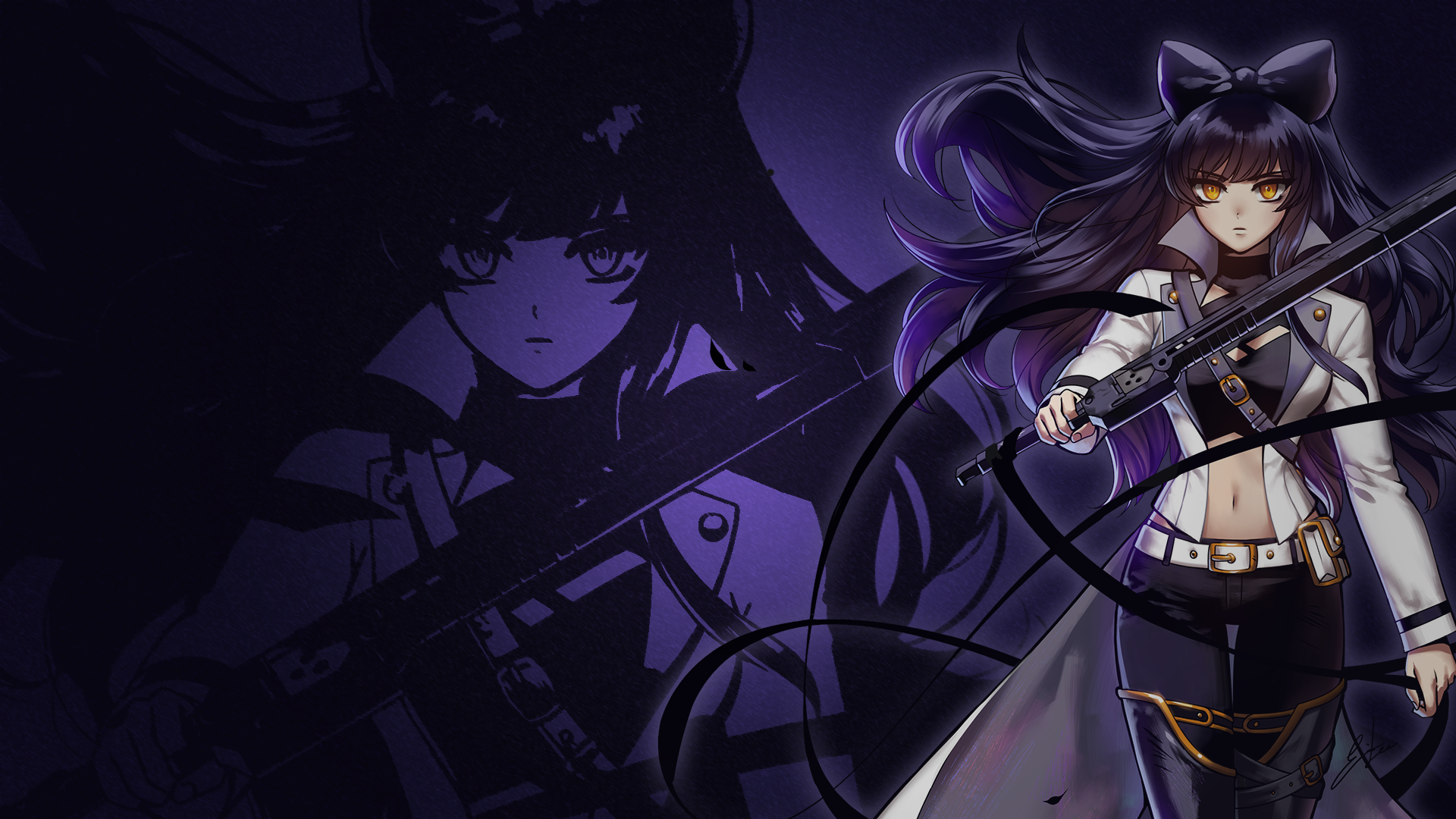 HD anime desktop wallpaper featuring a dark, intense RWBY character with flowing black hair and a distinctive weapon against a shadowy backdrop.