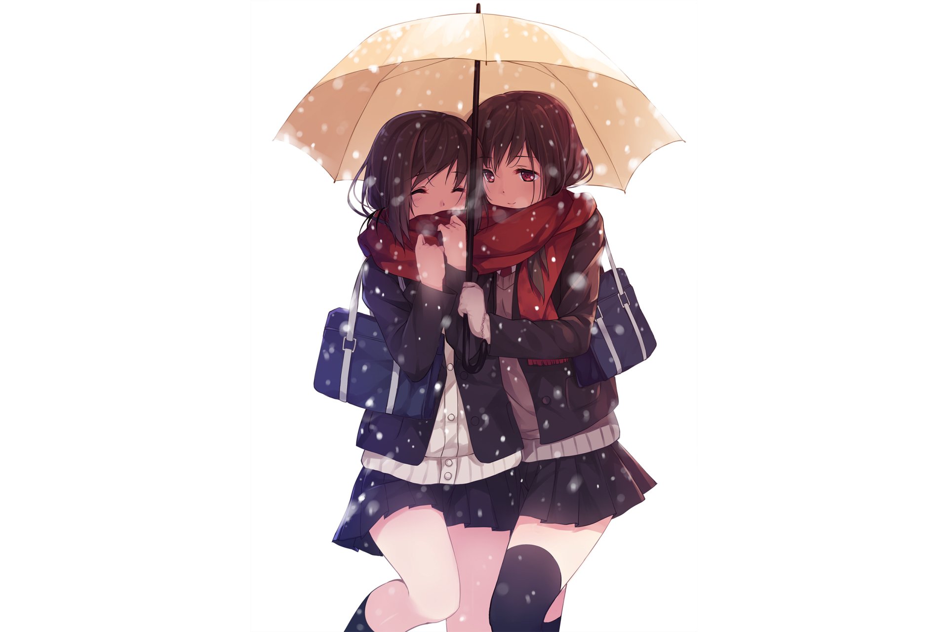 A warm, HD anime wallpaper featuring two girls sharing an umbrella in the snow, conveying a sense of intimacy and love in a yuri theme.