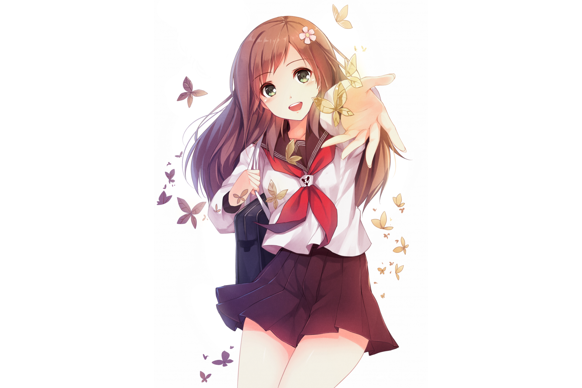 Anime-style original artwork of a cheerful girl in a school uniform surrounded by glowing butterflies, designed as an HD PC desktop wallpaper and background.
