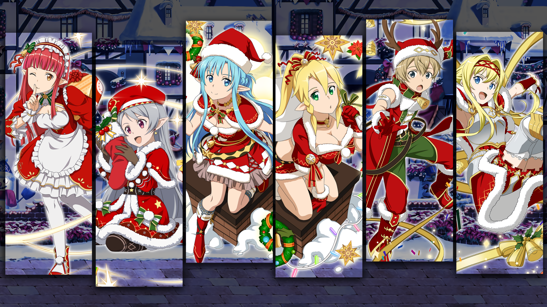 HD PC desktop wallpaper featuring Asuna, Leafa, Alice, and Eugeo from Sword Art Online dressed in festive Christmas attire, celebrating in an anime holiday scene.