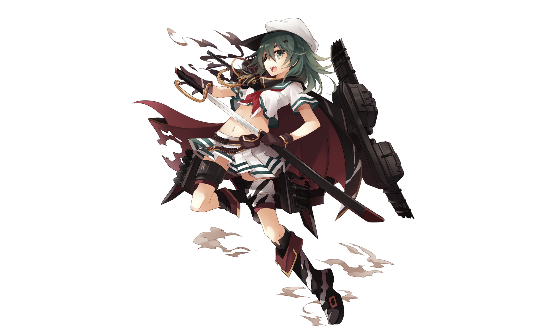 HD PC desktop wallpaper of Kiso (Kancolle) from Kantai Collection — anime ship girl in a white cap and cape, armed with naval guns, striking a dynamic floating pose.