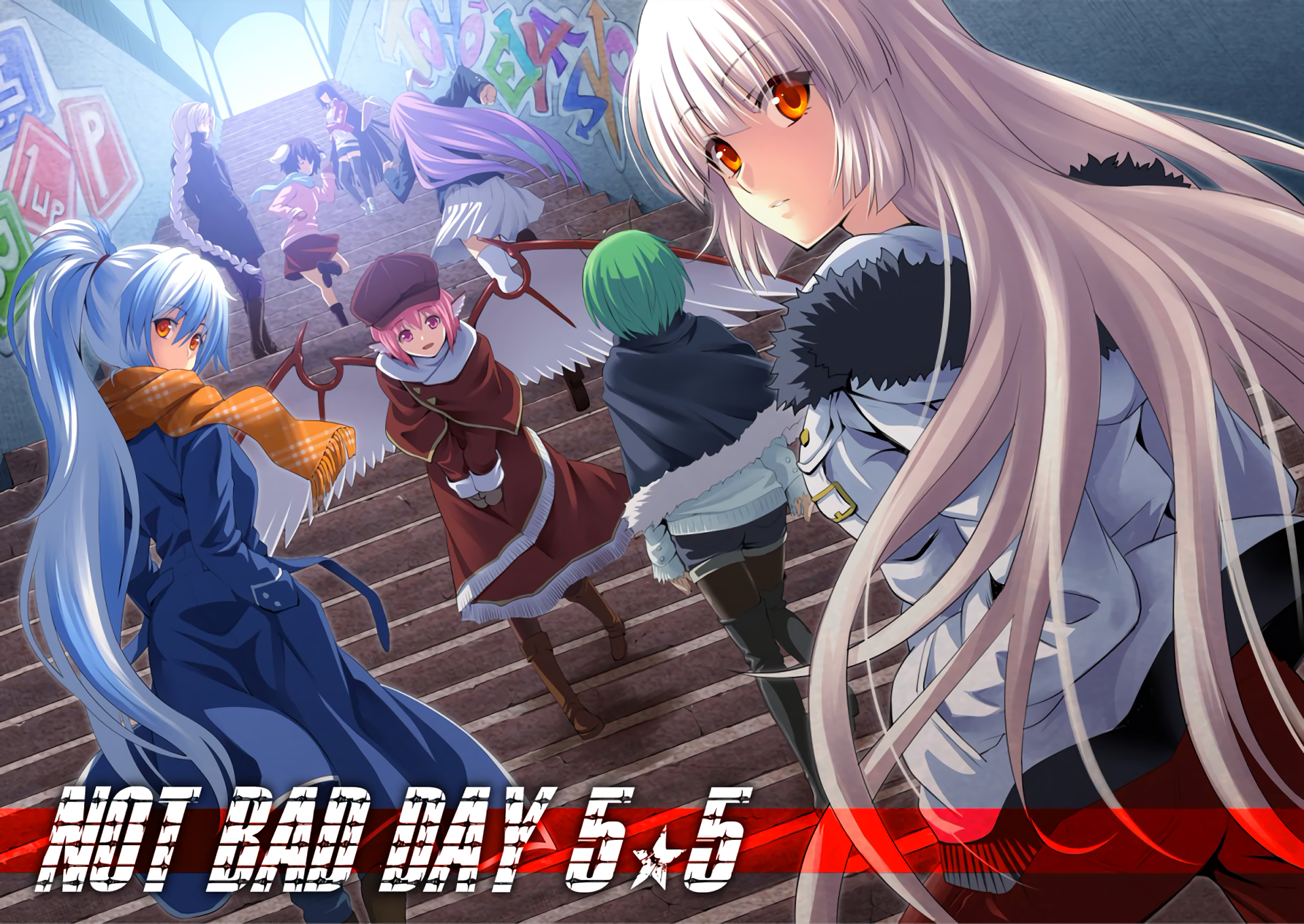 HD anime-style Touhou wallpaper featuring characters Wriggle Nightbug, Tewi Inaba, Reisen Udongein Inaba, Mystia Lorelei, Keine Kamishirasawa, Kaguya Houraisan, Fujiwara no Mokou, and Eirin Yagokoro.