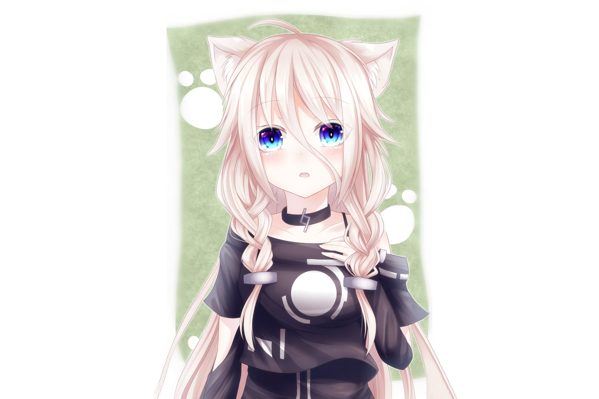 IA (Vocaloid) anime portrait with cat ears, pale pink braided hair and blue eyes, wearing a black outfit and choker against a soft green bokeh background — 2K Quad HD PC desktop wallpaper.