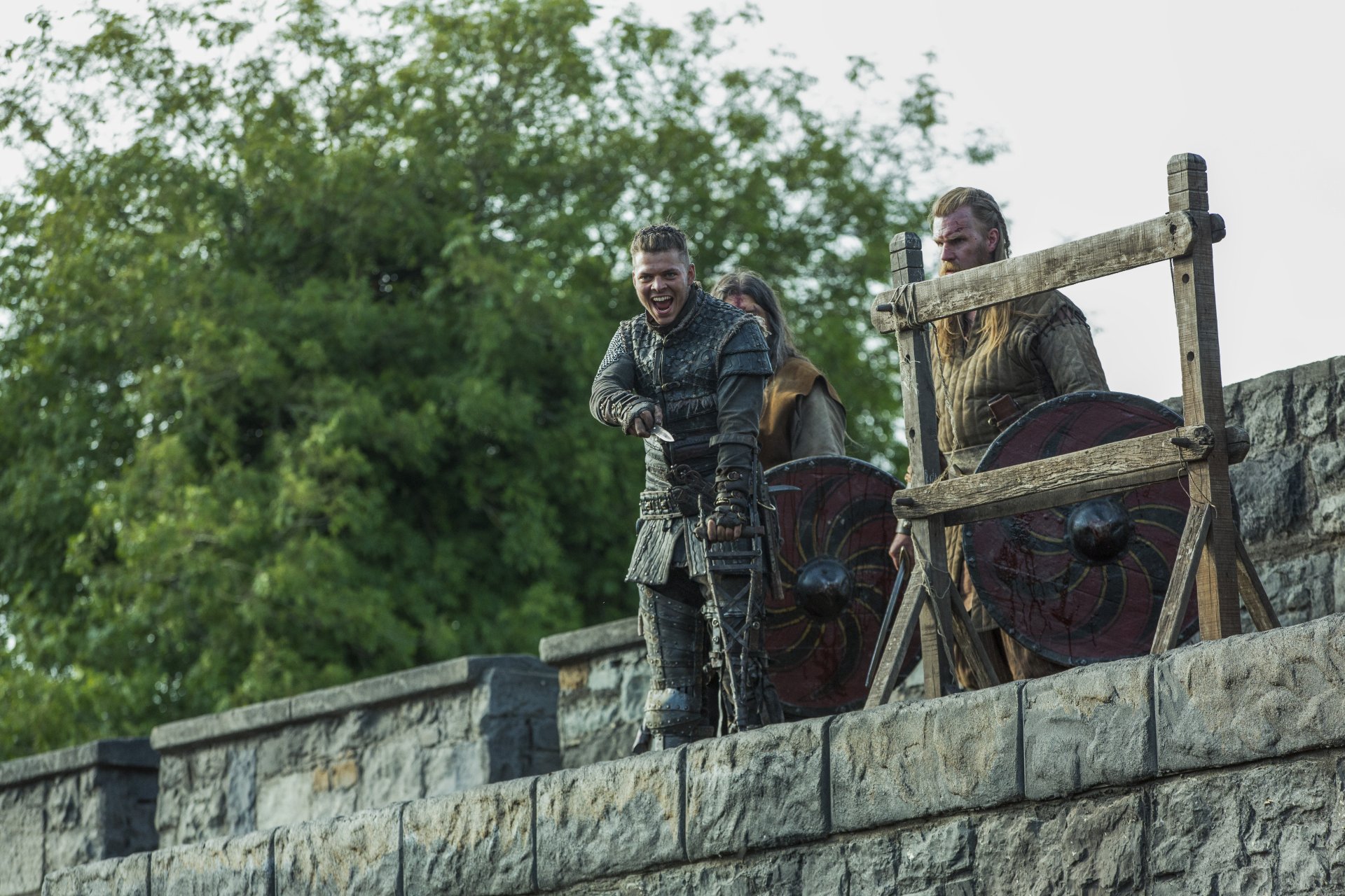 4K Ultra HD desktop wallpaper featuring characters from the TV show Vikings (2013) standing on a stone wall with shields, set against a lush green background.