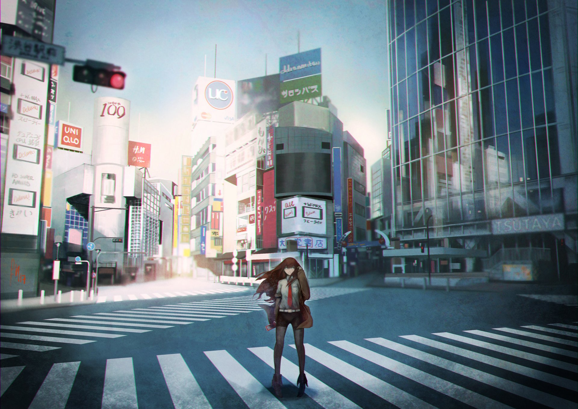 HD anime wallpaper featuring a character from Steins;Gate standing in a futuristic, empty city intersection with tall buildings and neon signs in the background.