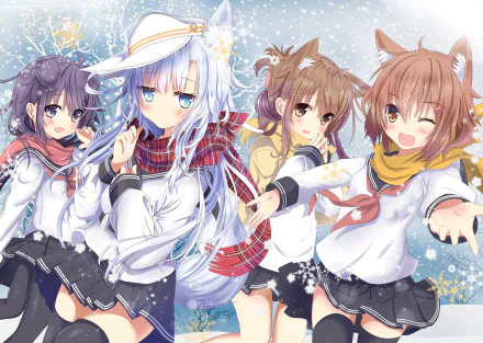 HD PC desktop wallpaper featuring anime characters Akatsuki, Inazuma, Ikazuchi, and Hibiki from Kantai Collection (Kancolle) with a snowy background.