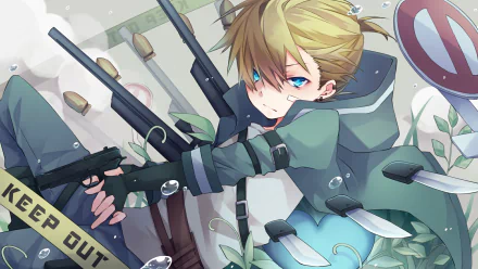 HD PC desktop wallpaper/background of Len Kagamine (Vocaloid) in anime style — blond-haired, blue-eyed youth in teal outfit aiming guns amid KEEP OUT tape and floating water droplets.