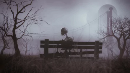 A dark, eerie HD desktop wallpaper featuring a skeleton sitting on a bench in a foggy, barren landscape with leafless trees and a faint moon in the background.