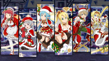 HD PC desktop wallpaper featuring Asuna, Leafa, Alice, and Eugeo from Sword Art Online dressed in festive Christmas attire, celebrating in an anime holiday scene.