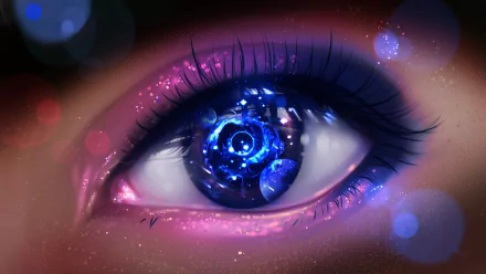 Artistic HD wallpaper featuring a close-up of an eye with cosmic and neon colors, creating a mesmerizing, otherworldly effect.