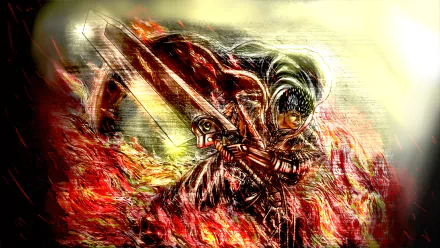 Guts (Berserk) anime art, swinging his colossal Dragonslayer through raging flames — intense 5K Ultra HD PC desktop wallpaper and background.