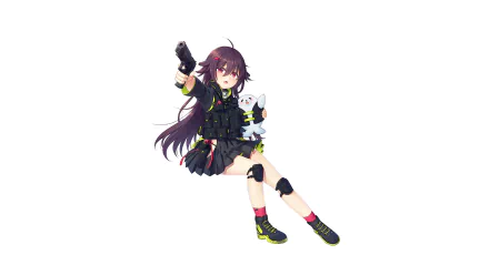 P226 (Girls' Frontline) anime character seated, holding a pistol and plush cat — HD PC desktop wallpaper/background