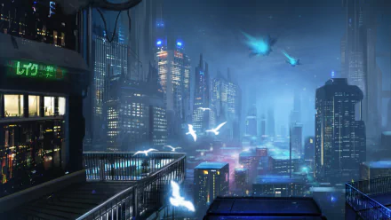 Futuristic sci-fi cityscape at night with towering illuminated skyscrapers, flying vehicles, and glowing birds, rendered as an HD PC desktop wallpaper and background.